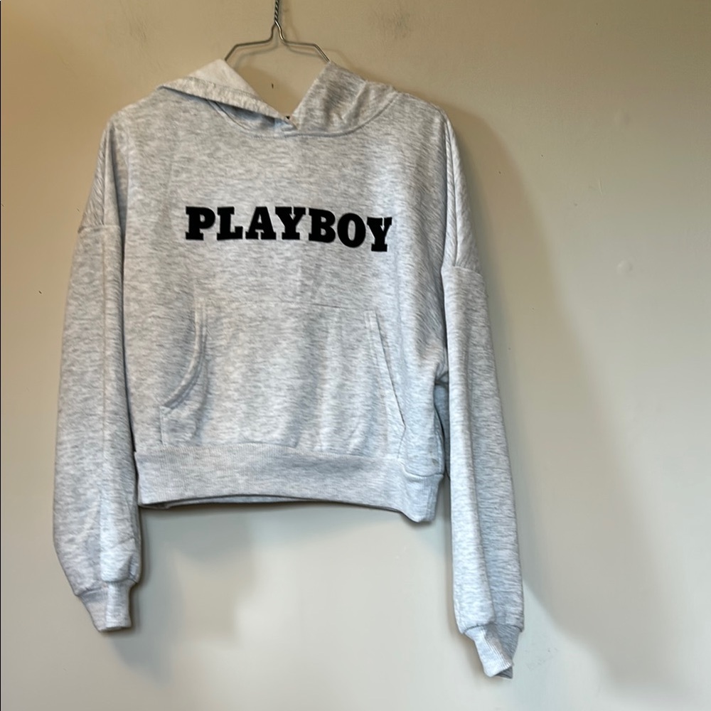 PLAYBOY light grey hoodie size small fleece lined long sleeve front pouch pocket